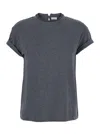 Brunello Cucinelli Grey Crewneck T-shirt With Monil Detail On The Collar And Rear Cut-out In Cotton Stretch Woman