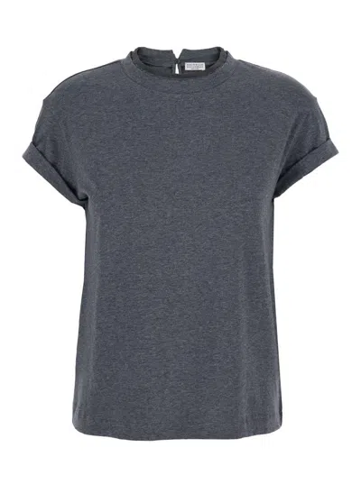 Brunello Cucinelli Grey Crewneck T-shirt With Monil Detail On The Collar And Rear Cut-out In Cotton Stretch Woman