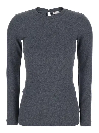 Brunello Cucinelli Grey Crewneck T-shirt With Monil Detail On The Collar And Rear Cut-out In Cotton Stretch Woman