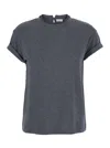 Brunello Cucinelli Grey Crewneck T-shirt With Monil Detail On The Collar And Rear Cut-out In Cotton Stretch Woman
