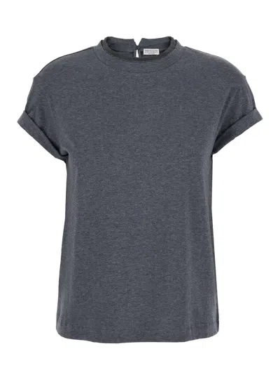 BRUNELLO CUCINELLI GREY CREWNECK T-SHIRT WITH MONIL DETAIL ON THE COLLAR AND REAR CUT-OUT IN COTTON STRETCH WOMAN