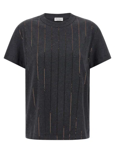 BRUNELLO CUCINELLI GREY DAZZLING CHALK STRIPE EMBROIDERY T-SHIRT