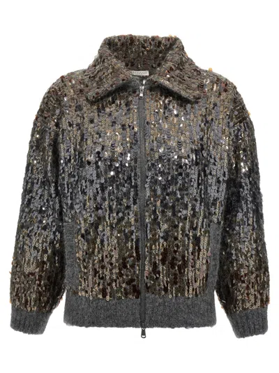 BRUNELLO CUCINELLI GREY DAZZLING DGRAD EMBROIDERY CARDIGAN