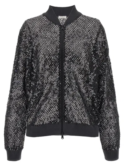 BRUNELLO CUCINELLI GREY DAZZLING NET EMBROIDERY CARDIGAN