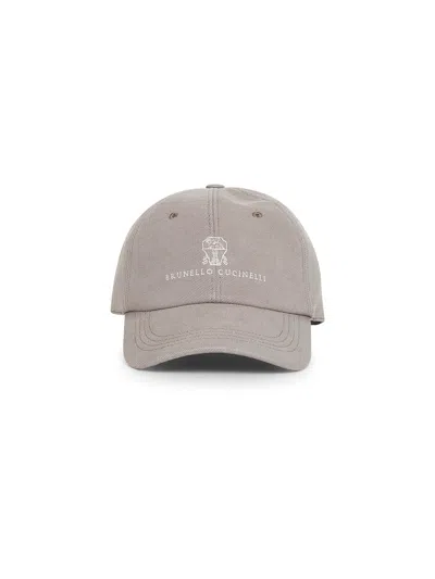 BRUNELLO CUCINELLI GREY DENIM LOGO BASEBALL CAP