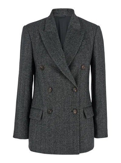 BRUNELLO CUCINELLI GREY DOUBLE-BREASTED JACKET WITH HERRINGBONE PATTERN IN WOOL WOMAN