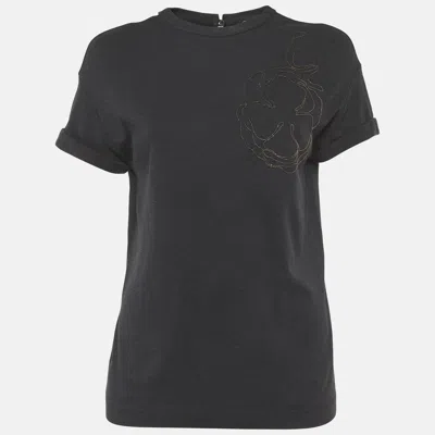 Pre-owned Brunello Cucinelli Grey Embroidered Jersey Short Sleeve T-shirt Xs In Black