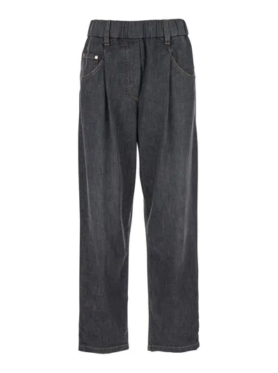 Brunello Cucinelli Grey Five Pocket Jeans With Elastic Waist In Multicolor