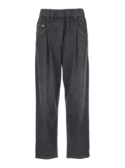 Brunello Cucinelli Grey Five Pocket Jeans With Elastic Waist In Cotton Woman In Black