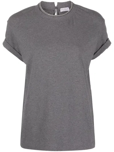 Brunello Cucinelli Grey Glitter Detail T-shirt In Gray