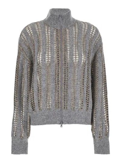 Brunello Cucinelli Grey High Neck Cardigan With Diamond Yarn And Sequins In Wool And Mohair Woman