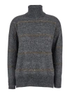 Brunello Cucinelli Grey High Neck Sweater With Stripe Motif In Alpaca Blend Woman In Grey