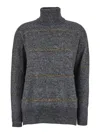 BRUNELLO CUCINELLI GREY HIGH NECK SWEATER WITH STRIPE MOTIF IN ALPACA BLEND WOMAN