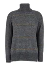 BRUNELLO CUCINELLI GREY HIGH NECK SWEATER WITH STRIPE MOTIF IN ALPACA BLEND WOMAN