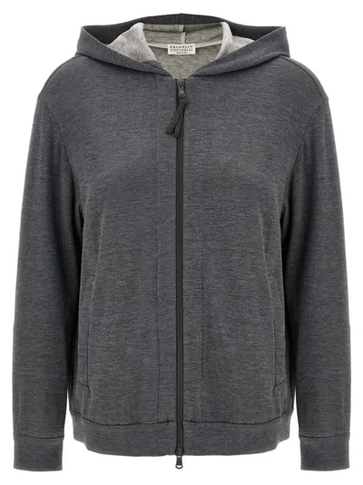 BRUNELLO CUCINELLI GREY HOODED ZIPPED SWEATSHIRT