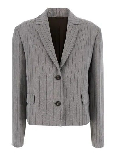 Brunello Cucinelli Grey Jacket With Notched Revers And All-over Striped Motif In Linen Blend Woman In Gray
