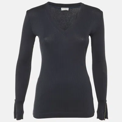 Pre-owned Brunello Cucinelli Grey Knit Monili Sleeve Detail Top S In Gray