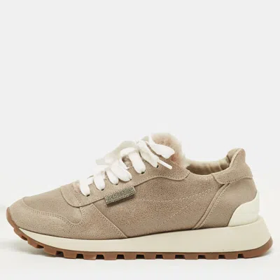 Pre-owned Brunello Cucinelli Grey Leather Lace Up Sneakers Size 35.5 In Gray