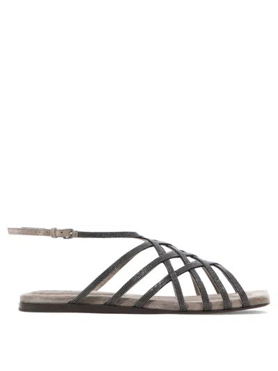 Brunello Cucinelli Grey Leather Sandals For Women In Gray