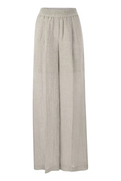 Brunello Cucinelli Grey Linen Blend Wide Leg Trousers For Women