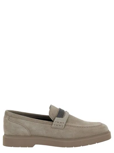 Brunello Cucinelli Grey Loafers With Monile Detail In Suede Woman