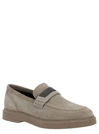 Brunello Cucinelli Grey Loafers With Monile Detail In Suede Woman