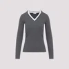 Brunello Cucinelli Ribbed Long Sleeves Top With Contrast Trim In Gray