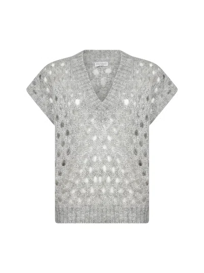 Brunello Cucinelli Grey Mohair And Wispy Wool Dazzling Net Vest In Silver