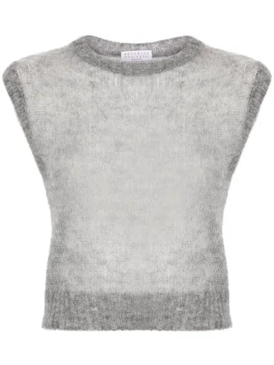 BRUNELLO CUCINELLI GREY MOHAIR BLEND OPEN KNIT BRUSHED FINISH SWEATER