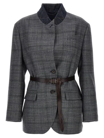 BRUNELLO CUCINELLI GREY MONILE HOUNDSTOOTH BLAZER