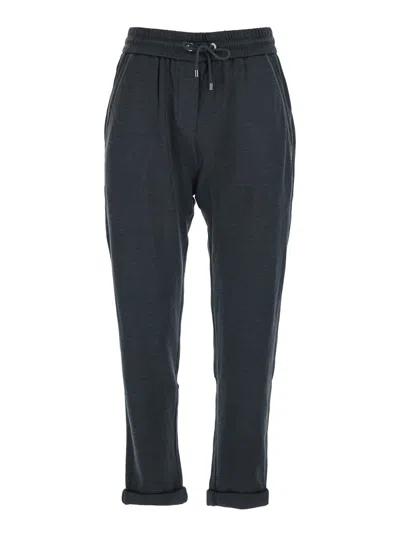 Brunello Cucinelli Grey Pants With Elastic Drawstring And Monil Detail On The Side In Cotton Blend Woman In Blue