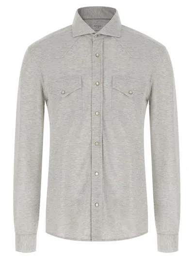 BRUNELLO CUCINELLI GREY PIQU COTTON SHIRT