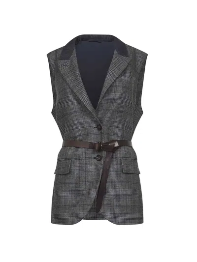 Brunello Cucinelli Grey Prince Of Wales Belted Vest In Black