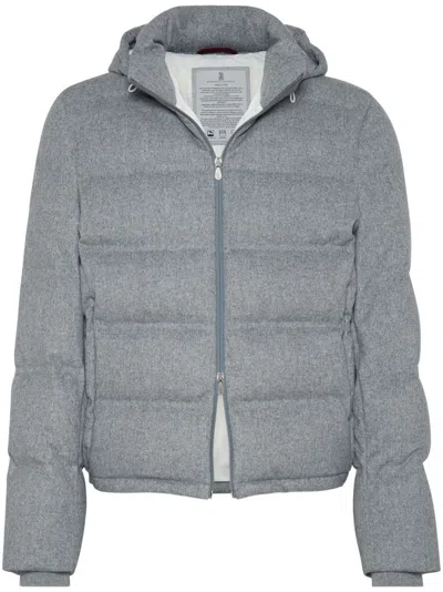 Brunello Cucinelli Quilted Hooded Down Jacket In Light Grey