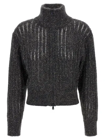 BRUNELLO CUCINELLI GREY RUSTIC DAZZLING NET CARDIGAN