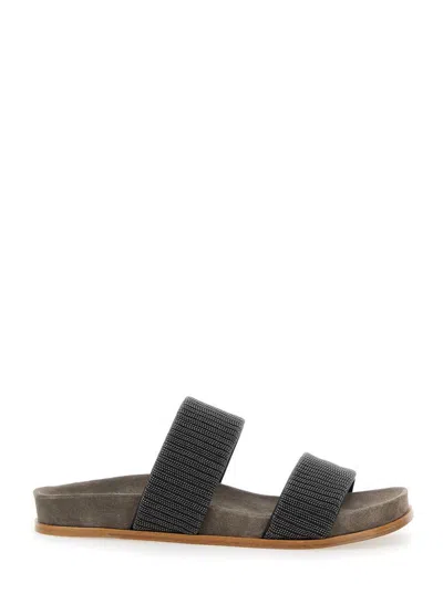 Brunello Cucinelli Grey Sandals With Monile Decoration And Round Open Toe In Suede And Cotton Woman