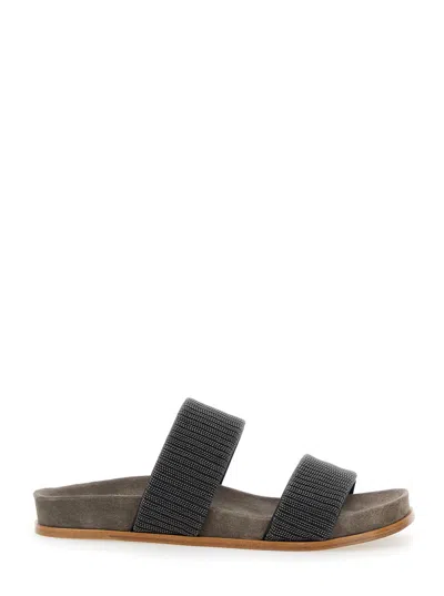 BRUNELLO CUCINELLI GREY SANDALS WITH MONILE DECORATION AND ROUND OPEN TOE IN SUEDE AND COTTON WOMAN