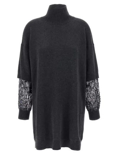 BRUNELLO CUCINELLI GREY SEQUIN SLEEVE DRESS