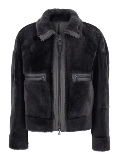 BRUNELLO CUCINELLI GREY SHEARLING JACKET WITH TWO FRONT WELT POCKETS WITH ZIP