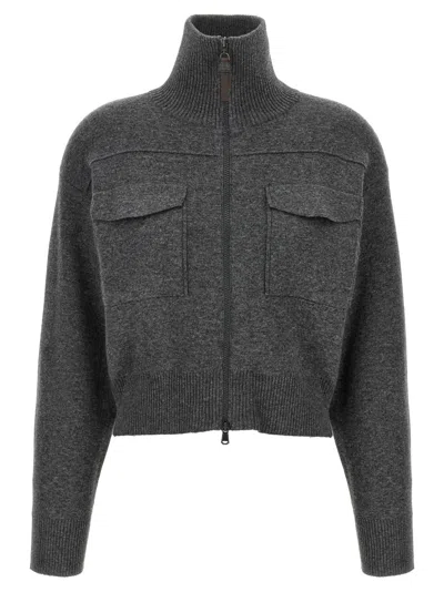 BRUNELLO CUCINELLI GREY SHINY ZIPPER PULL WOOL CARDIGAN