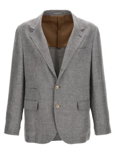 BRUNELLO CUCINELLI GREY SINGLE-BREASTED LINEN BLEND BLAZER