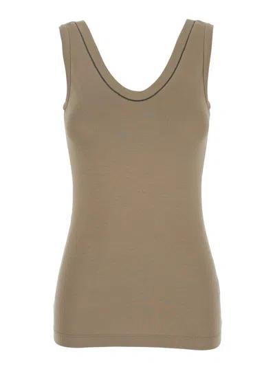 BRUNELLO CUCINELLI GREY SLEVELESS TOP WITH ROUND NECK AND MONILE DETAIL ON THE NECK IN COTTON