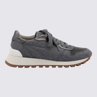 Brunello Cucinelli Low Top Sneakers With Contrast Sole And Textured Panels In Gray