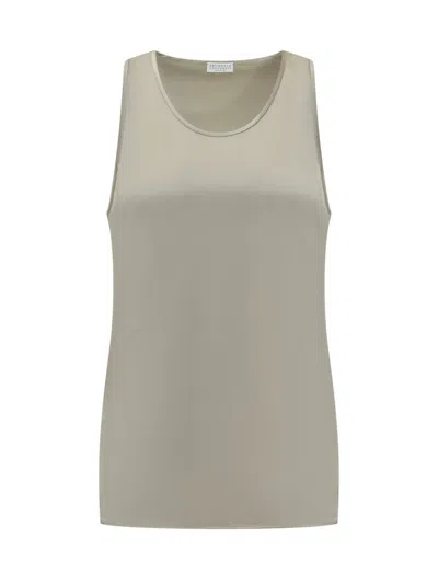Brunello Cucinelli Grey Solid Scoop Neck Top In Gray