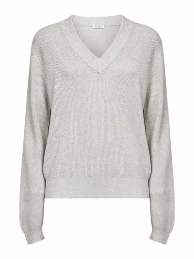 Brunello Cucinelli Grey Sparkling Cotton Blend Knit V-neck Sweater In Gray