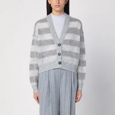 Brunello Cucinelli Grey Striped Wool Blend Cardigan