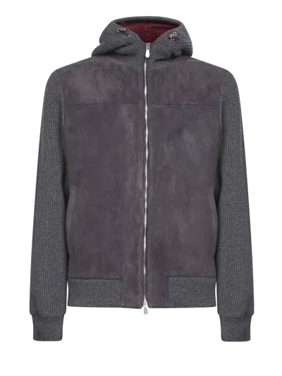 Brunello Cucinelli Grey Suede And Knit Hooded Jacket In Gray