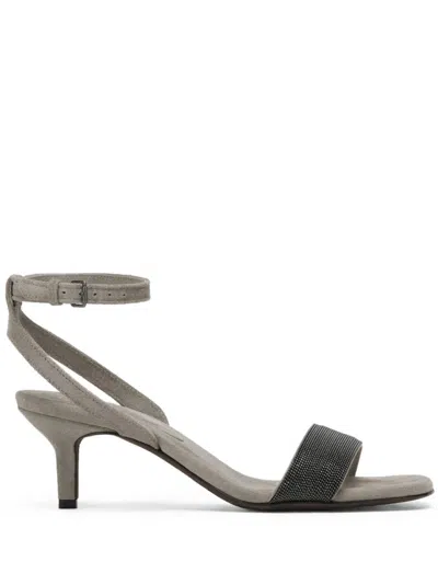 Brunello Cucinelli 60mm Monili Suede Sandals In Grey