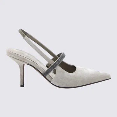 Brunello Cucinelli Grey Suede Monili Chain Slingback Pumps In Gray