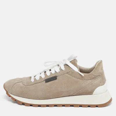 Pre-owned Brunello Cucinelli Grey Suede Monili Lace Up Sneakers Size 38 In Gray